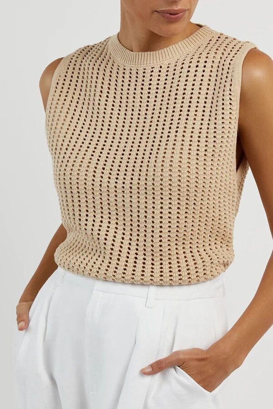 DISSH Denny Crochet Wheat Knit Sleeveless Cotton Sweater Top Small